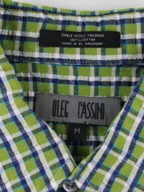 OLEG CASSINI Seersucker Lime Peel Green Blue & White SS Shirt 100% Cotton Size M